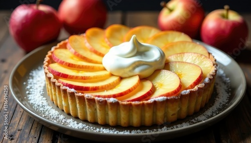 Pr?paration de tarte aux pommes avec cr?me fra?che et sucre, dessert, cuisine