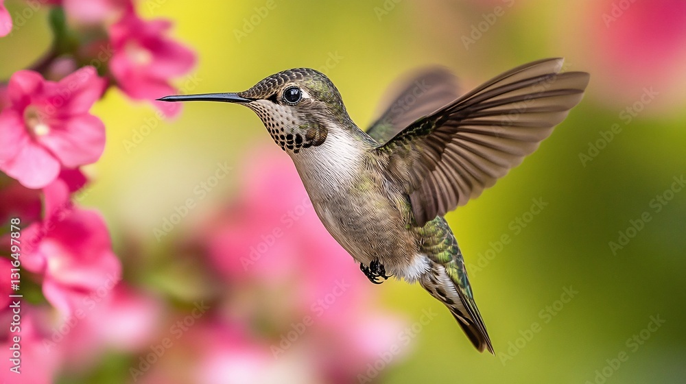 Obraz premium A Hummingbird Hovering Near Pink Flowers In A Beautiful Garden