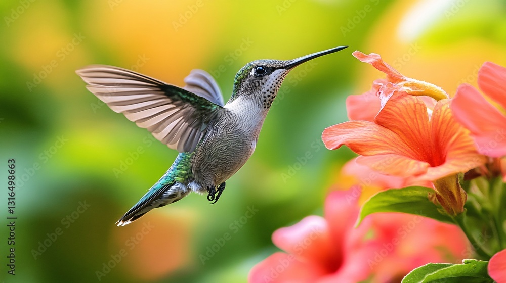 Fototapeta premium A small hummingbird hovers near a blooming orange flower