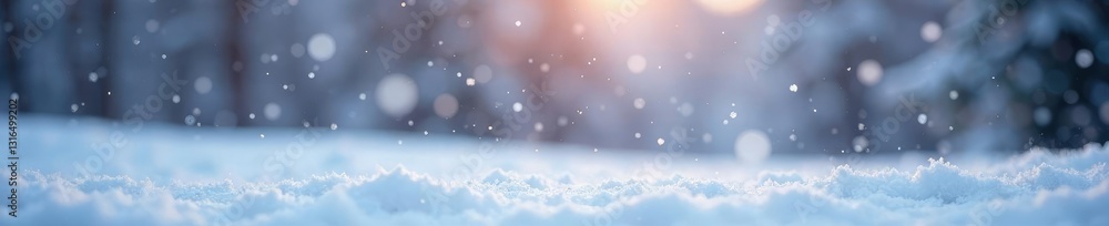 Fototapeta premium Snowflakes gently falling on a quiet winter landscape, soft colors, winter landscape