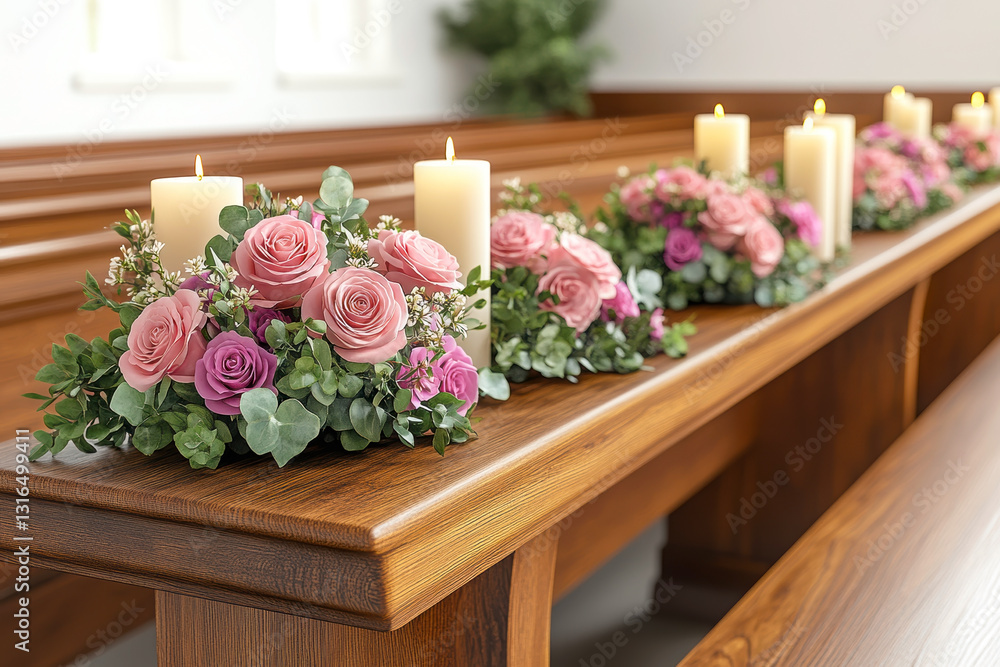 A serene arrangement of pink roses and candles adorns a wooden bench, creating a romantic and peaceful atmosphere. A serene arrangement of pink roses and candles adorns a wooden bench, creating a romantic and peaceful atmosphere.