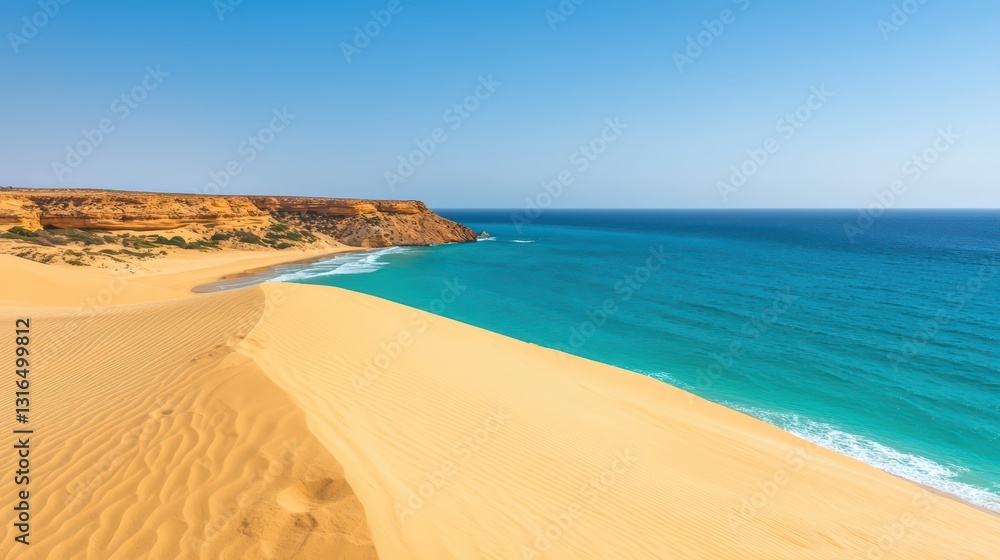 Serene Turquoise Ocean Meeting Golden Sand Dunes Under Clear Blue Sky Serene Turquoise Ocean Meeting Golden Sand Dunes Under Clear Blue Sky