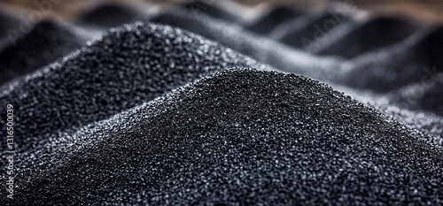Close-up piles of black granulated material, indoors with blurred background and macro focus