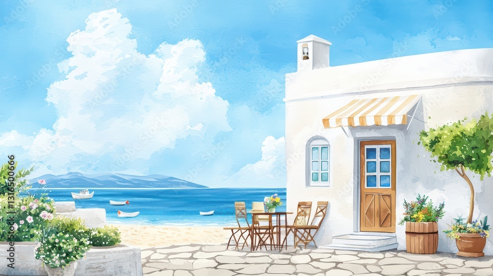 Fototapeta premium Dreamy Beachside Café Watercolor Illustration with Beautiful Ocean View and Relaxing Atmosphere