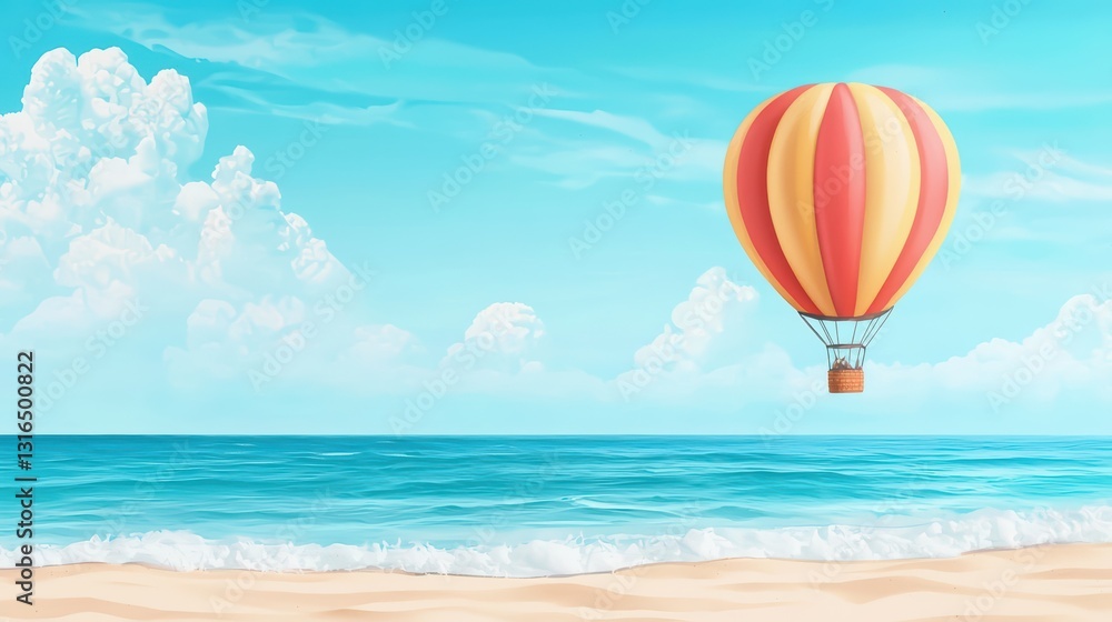 Colorful Hot Air Balloon Drifting Over Serene Beach and Vibrant Ocean Waves in Watercolor Style Colorful Hot Air Balloon Drifting Over Serene Beach and Vibrant Ocean Waves in Watercolor Style