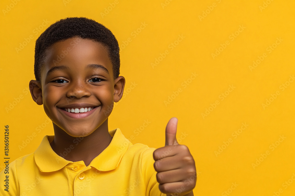an isolated real joyful African-American boy looks thoughtfully at a place for text, smiles, beautiful, image with a dedicated area for text, on a yellow background an isolated real joyful African-American boy looks thoughtfully at a place for text, smiles, beautiful, image with a dedicated area for text, on a yellow background