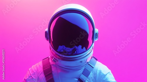 Futuristic astronaut helmet with sleek white spacesuit and glossy visor reflection against neon gradient background

