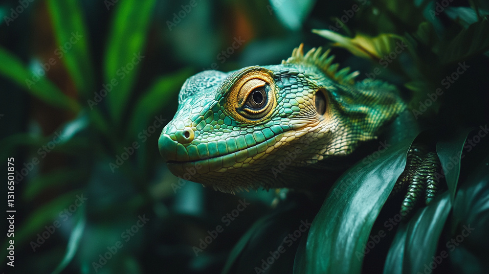 Fototapeta premium Close-Up of an Exotic Reptile in Rainforest with Dramatic Lighting