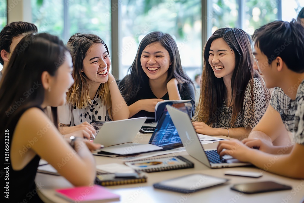 A multicultural group of happy students collaborating on an e-learning project with laptops and notebooks. A multicultural group of happy students collaborating on an e-learning project with laptops and notebooks.