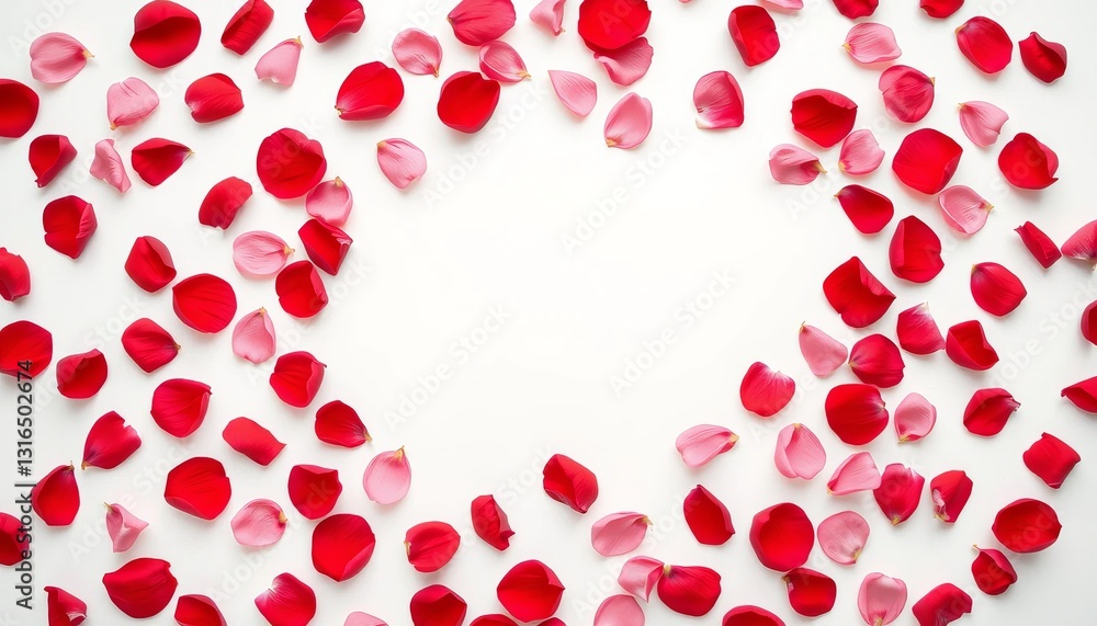 A Romantic Heart-shaped Frame Crafted From Scattered Red And Pink Rose Petals On A Pristine White Background, A Delicate And Loving Design A Romantic Heart-shaped Frame Crafted From Scattered Red And Pink Rose Petals On A Pristine White Background, A Delicate And Loving Design