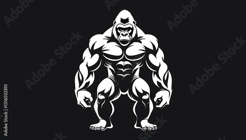 Bold strong gorilla face with muscular arms, aggressive gym symbol, fierce ape artwork, black and white fitness mascot, bodybuilding emblem, sportswear branding, powerlifting wild animal illustration photo
