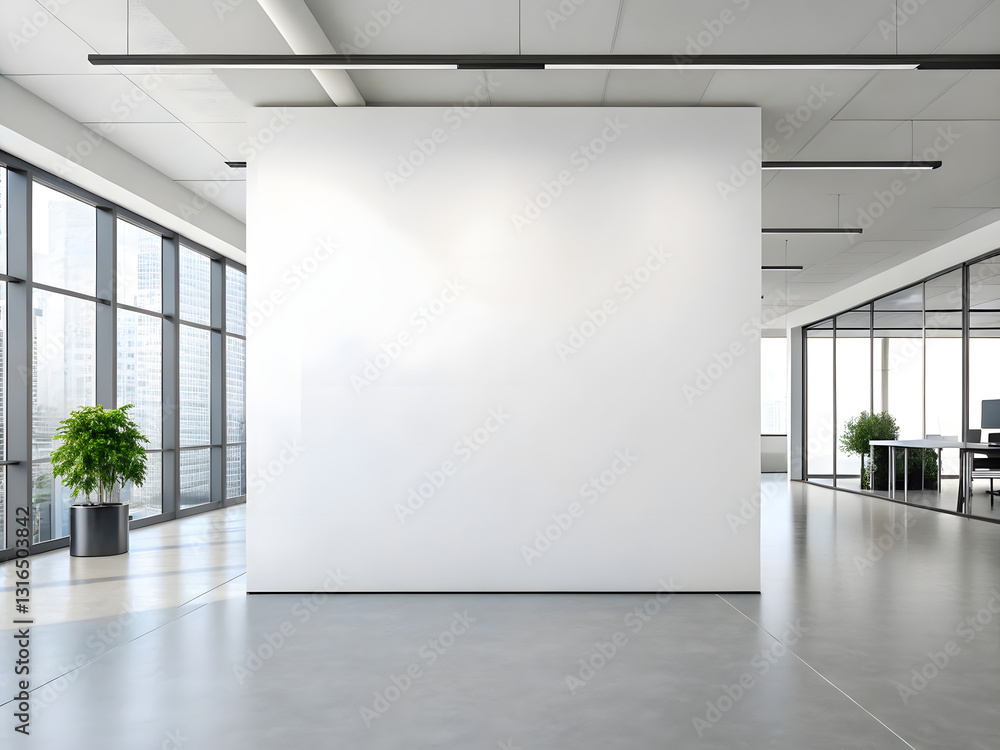 Fototapeta premium Realistic mockup of a blank white wall in a modern office environment