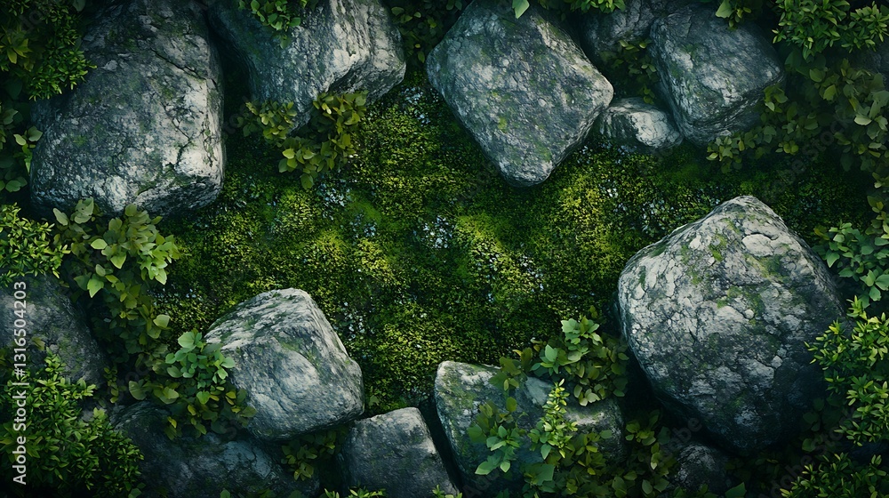 Aerial view of moss growing between rocks. Aerial view of moss growing between rocks.