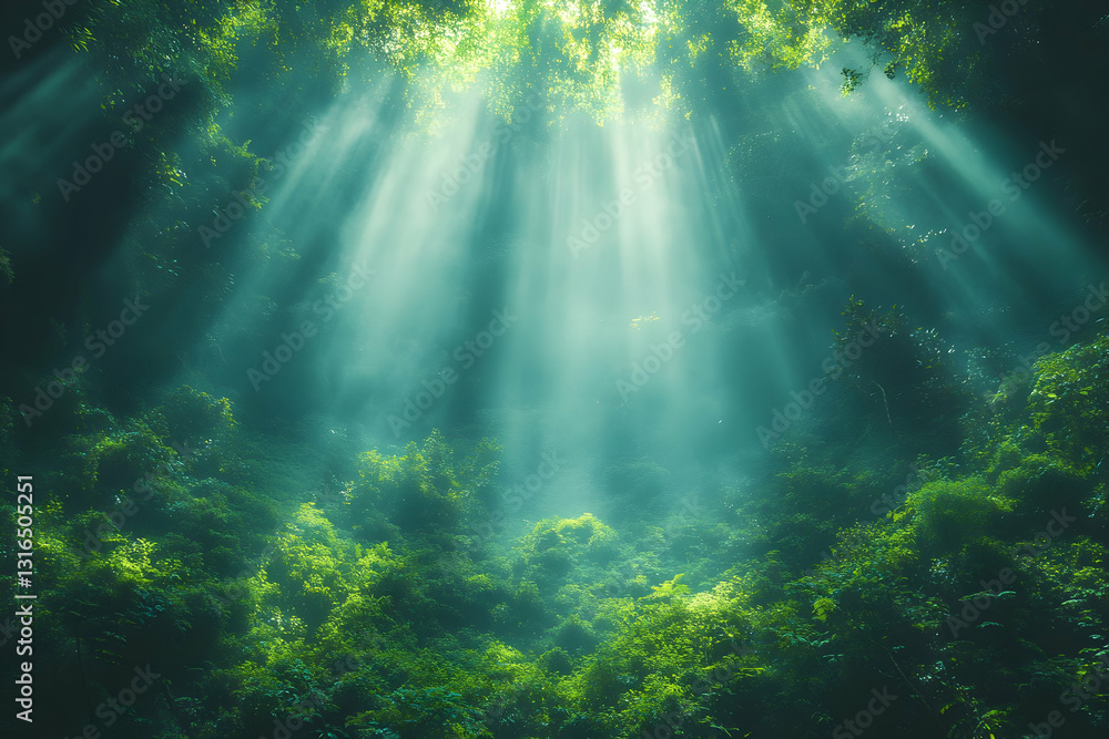 Sunbeams pierce dense jungle canopy, illuminating lush green foliage below in mystical scene Sunbeams pierce dense jungle canopy, illuminating lush green foliage below in mystical scene