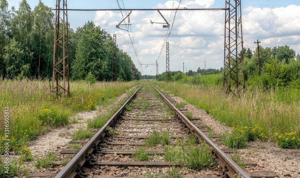 Abandoned Railway Tracks Surrounded by Overgrown Vegetation Under Bright Clouds in a Summer Landscape Abandoned Railway Tracks Surrounded by Overgrown Vegetation Under Bright Clouds in a Summer Landscape