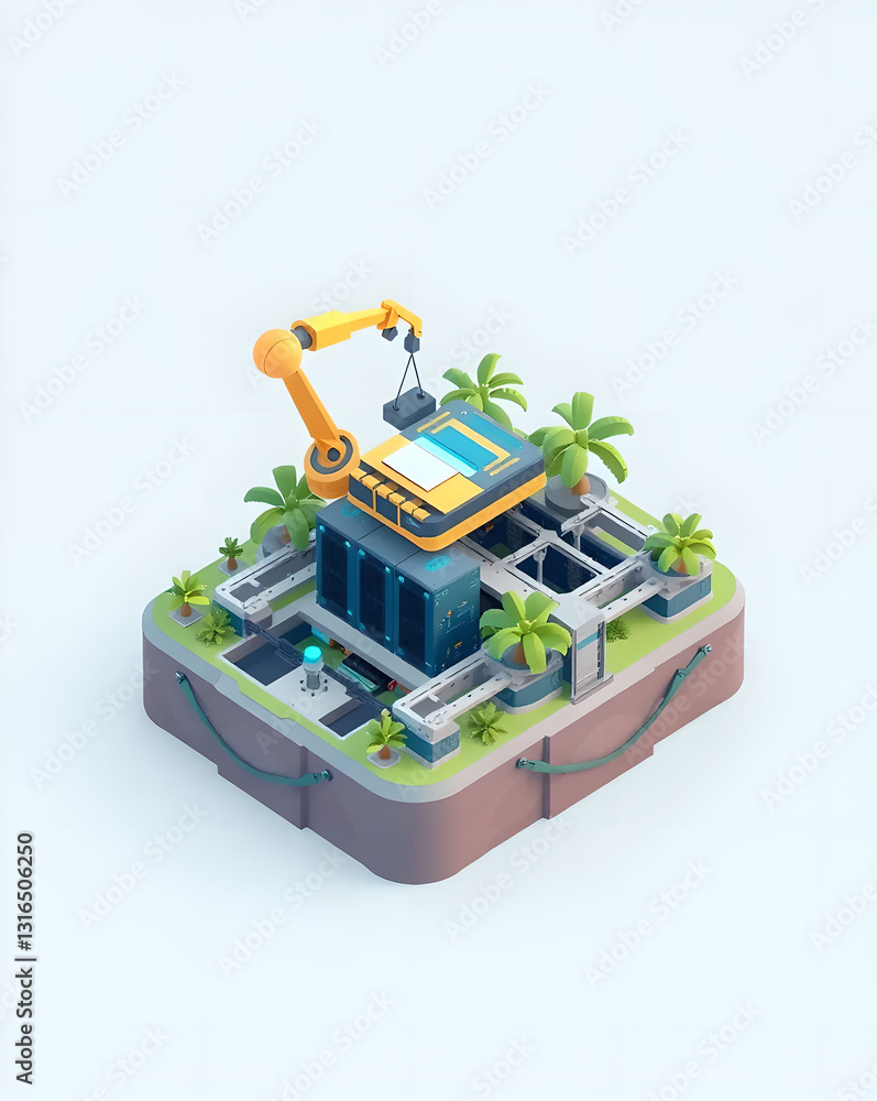 Obraz premium isometric bank building and palm tree on the ground, 3d rendering