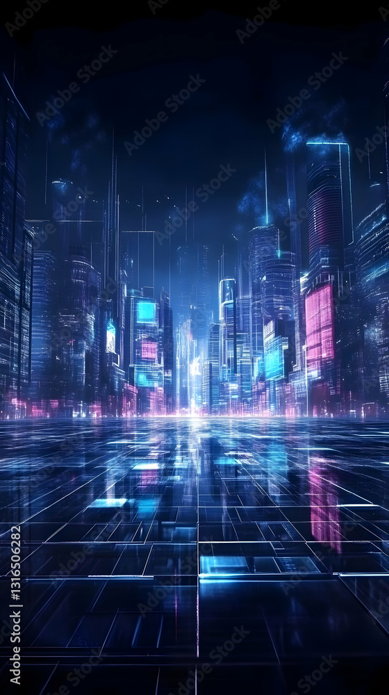 Digital Cityscape: Futuristic Neon Skyline Glows with Vibrant Hues at Night, Reflecting in a Gridded Surface Digital Cityscape: Futuristic Neon Skyline Glows with Vibrant Hues at Night, Reflecting in a Gridded Surface