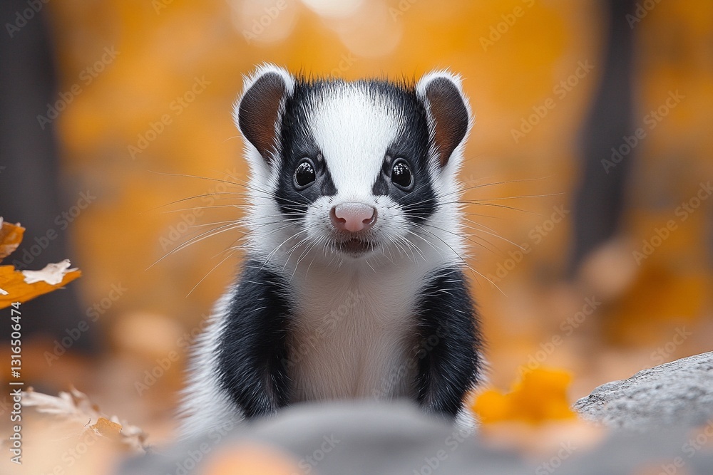 Obraz premium Cute young badger sits among fallen leaves in a vibrant autumn forest landscape