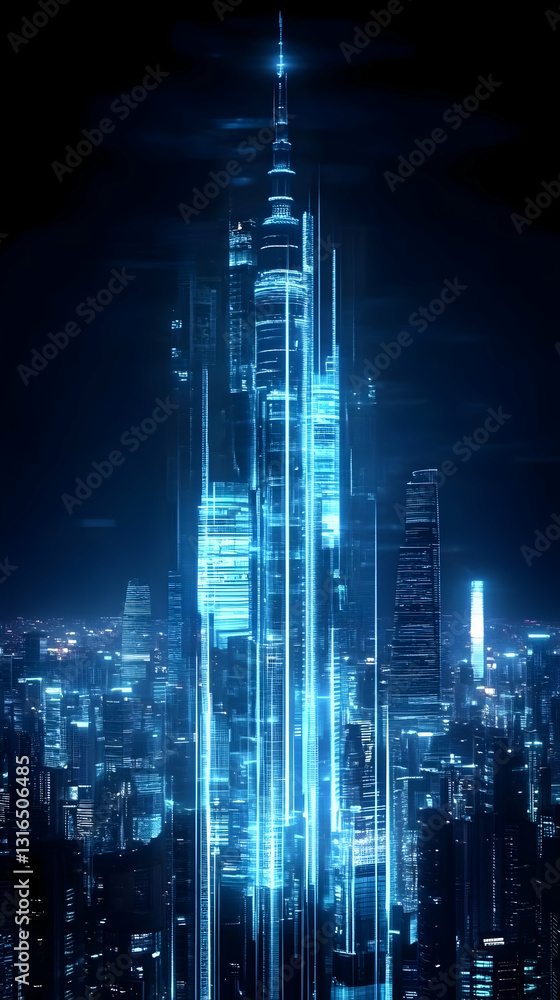 Obraz premium Digital Cityscape: Futuristic Skyscrapers Illuminated with Bright Blue Neon Lights at Night