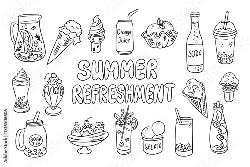 Summer refreshment hand drawn illustration featuring various cold drinks, ice cream, and desserts in a black and white line art style. Vector line art drawings for coloring pages
