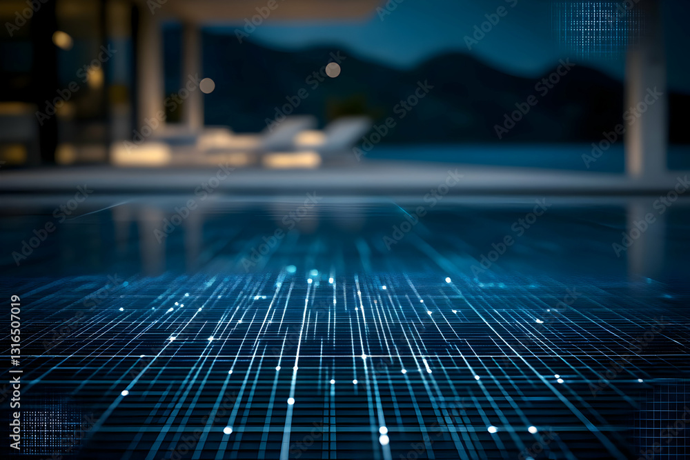 Abstract 3D Digital Network Grid Background with Blurry Modern House Poolside at Dusk