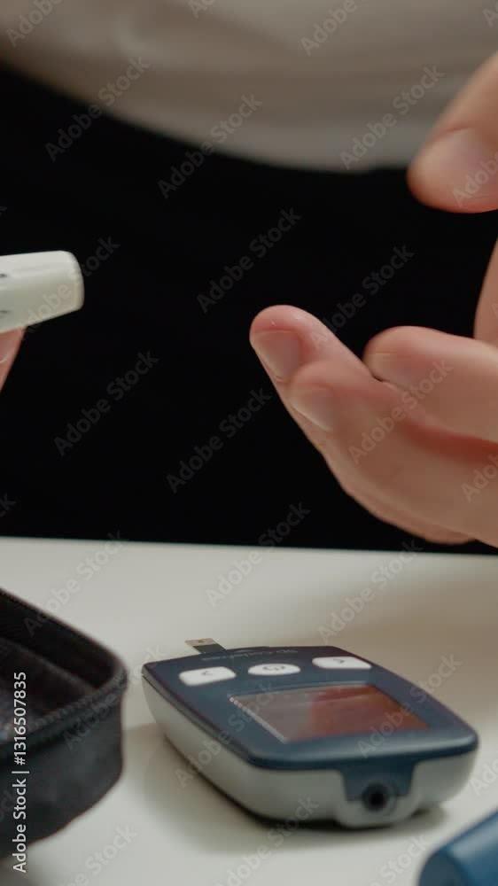 Vertical Screen: Man pricks his finger to draw blood using a glucometer in a home setting. He carefully handles the device and prepares for the necessary steps to monitor his diabetes. Vertical Screen: Man pricks his finger to draw blood using a glucometer in a home setting. He carefully handles the device and prepares for the necessary steps to monitor his diabetes.