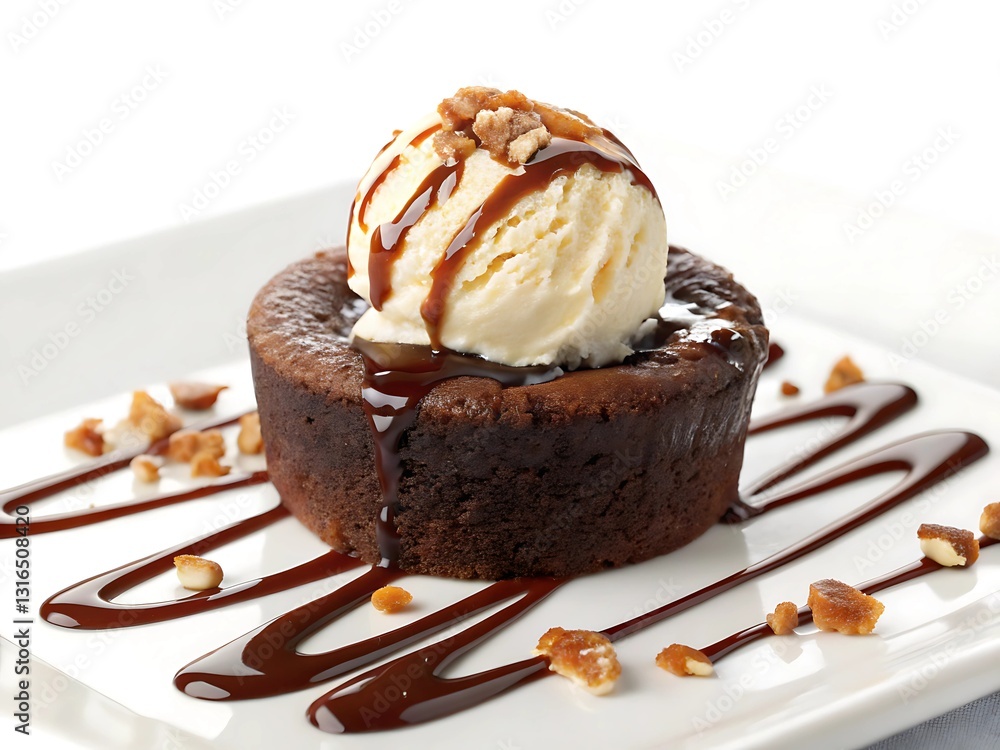 Chocolate lava cake topped with vanilla ice cream and drizzled with chocolate sauce Chocolate lava cake topped with vanilla ice cream and drizzled with chocolate sauce