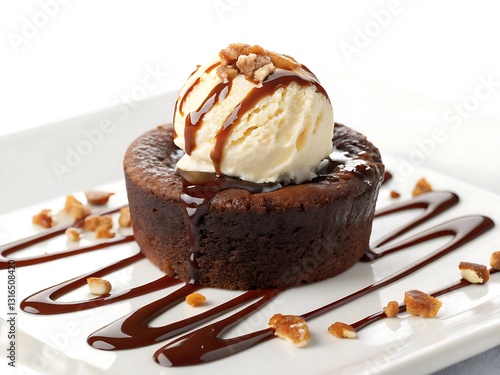 Chocolate lava cake topped with vanilla ice cream and drizzled with chocolate sauce photo