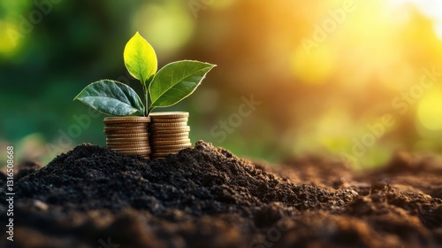 Wallpaper Mural Green Plant Growing from Stacked Coins in Soil Under Soft Light Torontodigital.ca