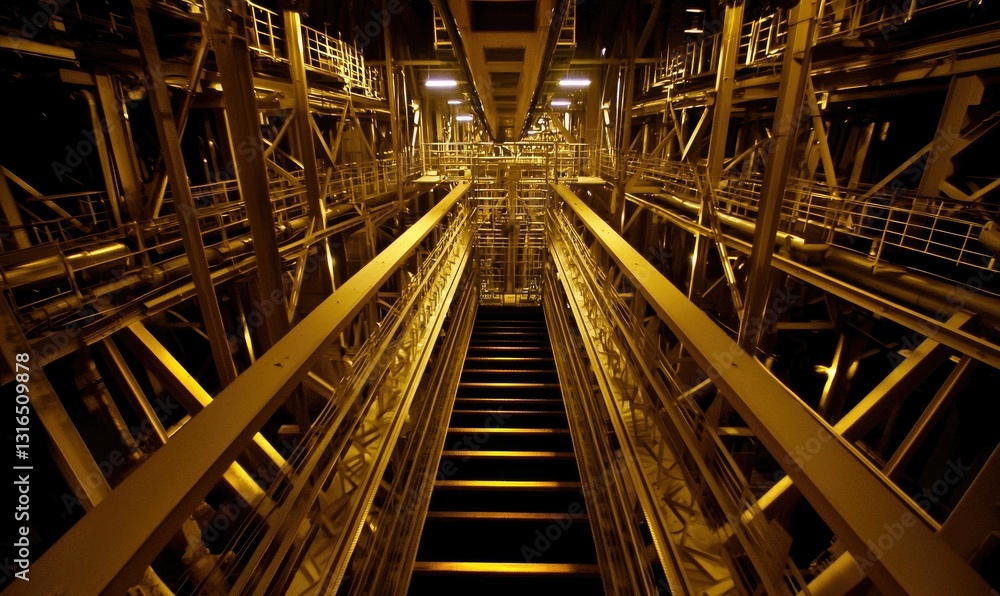 Intricate Steel Structure with Cascading Stairs Illuminated in Golden Light within Urban Industrial Setting Intricate Steel Structure with Cascading Stairs Illuminated in Golden Light within Urban Industrial Setting
