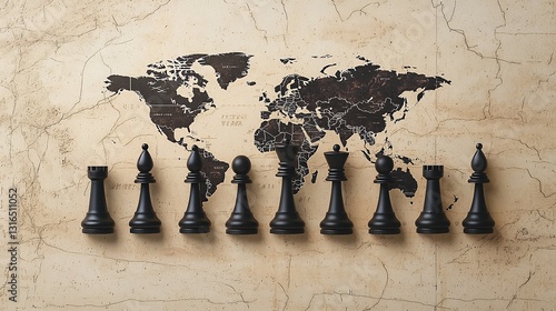 Black Chess Pieces on World Map Beige Background