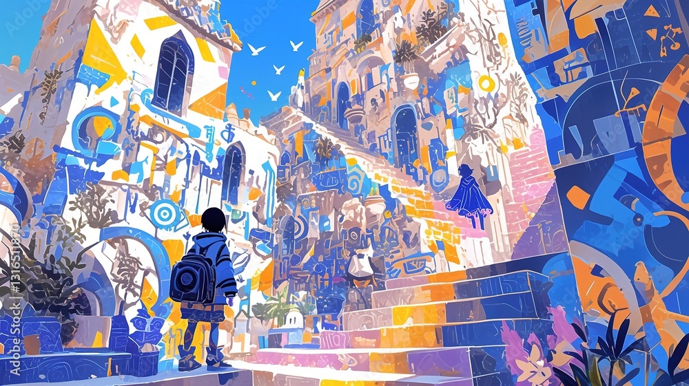 Obraz premium Boy explores vibrant, surreal city; birds fly overhead; colorful architecture; background suggests fantasy world; ideal for children's book illustrations