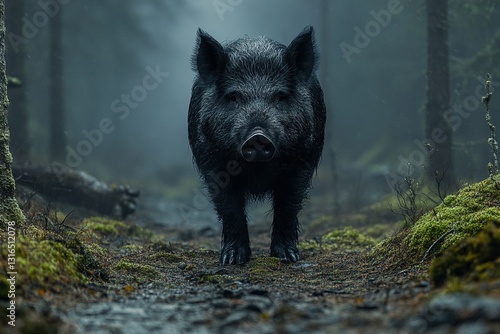 Wild boar emerging through fog in a dense forest