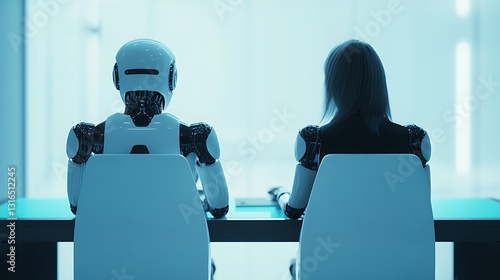 Human and robot working together in a futuristic office environment

