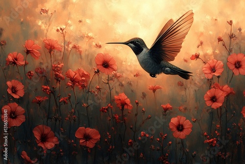 Hummingbird flying over vibrant red flowers during sunset
