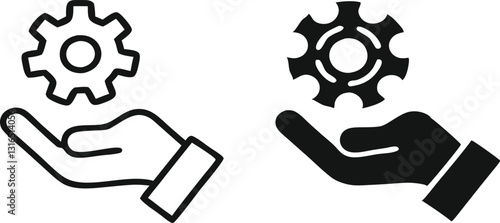 Gear in hand icon. Cogwheel symbol. Flat and line icons. Vector