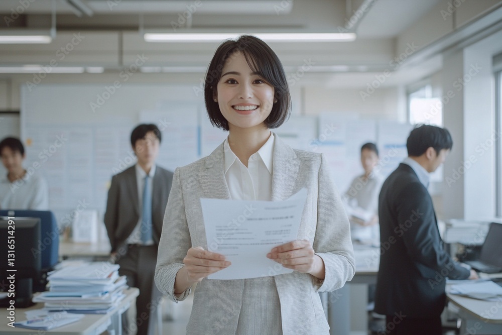 Professional Asian woman in office displaying confident smile while holding documents Professional Asian woman in office displaying confident smile while holding documents
