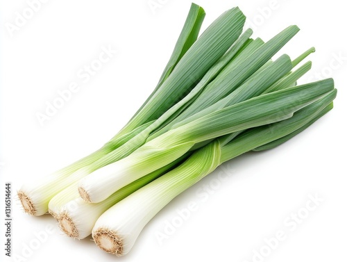 Fresh Leeks Bunch displaying Vibrant Green Leaves Isolated on White