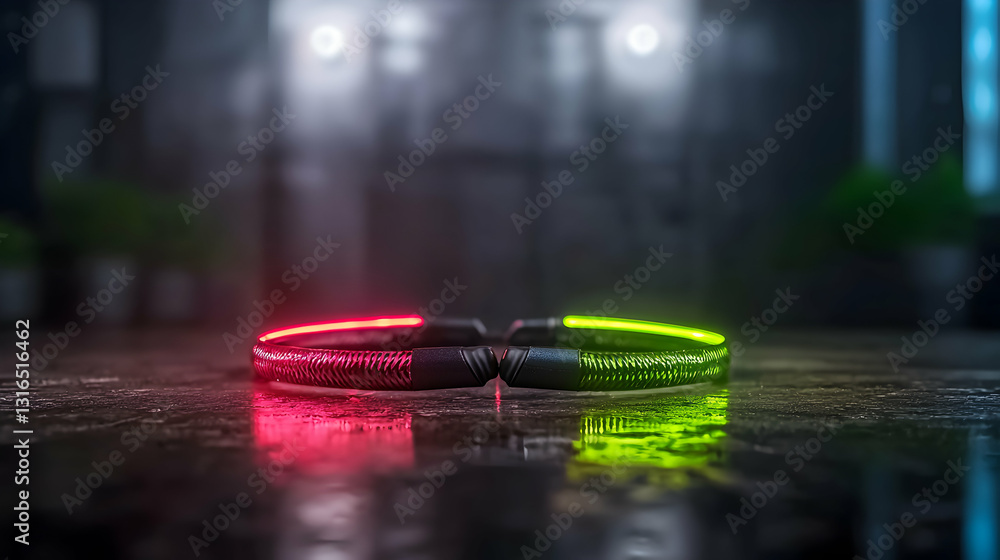 A Glowing Illuminated Bracelet Rests on a Reflective Surface