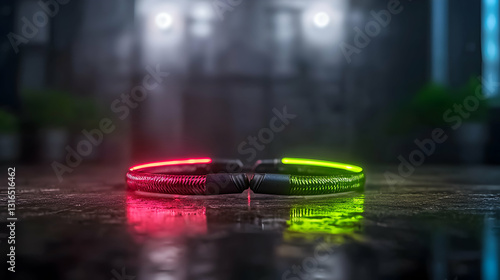 A Glowing Illuminated Bracelet Rests on a Reflective Surface