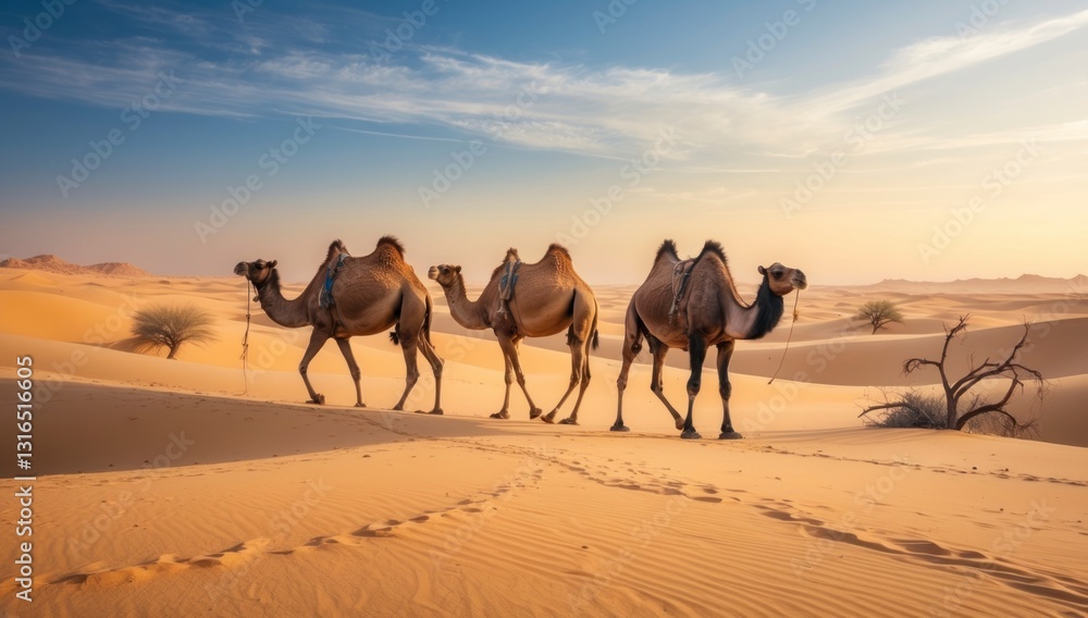 Fototapeta premium Arabian Camels Walking Desert Sunset Landscape Photo