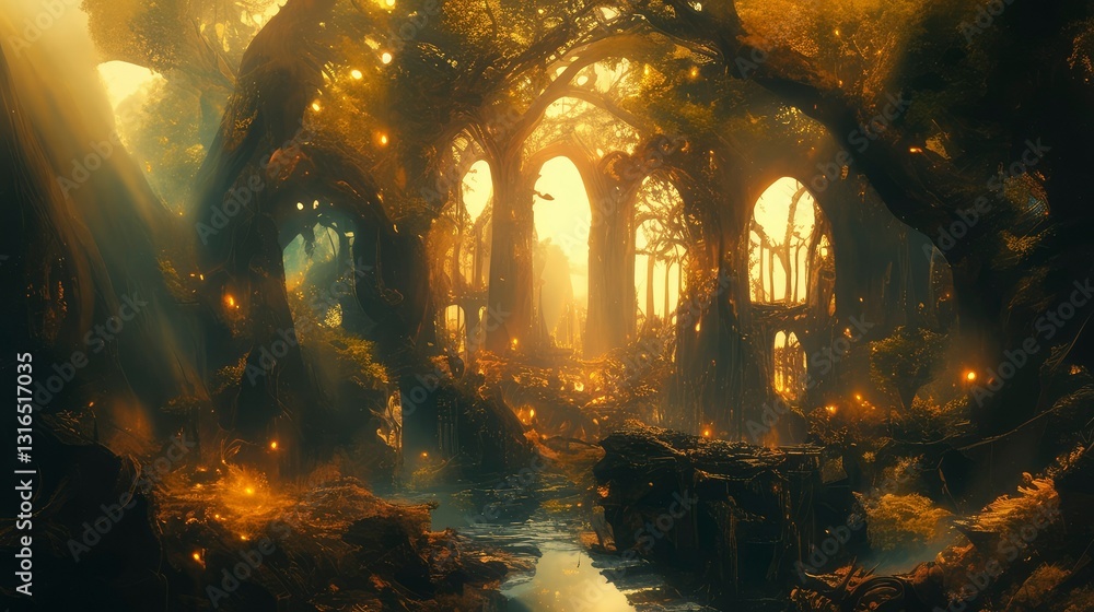 Naklejka premium Enchanting Sunlit Grove Ancient Ruins Overgrown by Mystical Trees