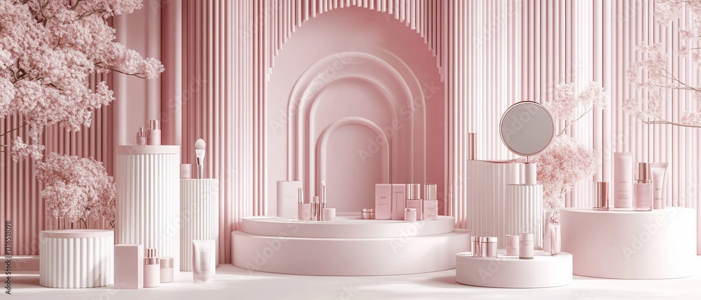 Pink presentation with arches, platforms, cylinders, trees and cosmetics Pink presentation with arches, platforms, cylinders, trees and cosmetics