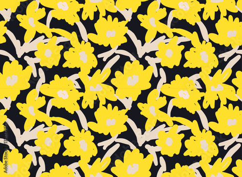 Vector illustration of hand drawn seamless floral pattern on dark background. Yellow, black and beige tones for fabric, wallpaper, textile, fashion design, packaging, creative, interior design.