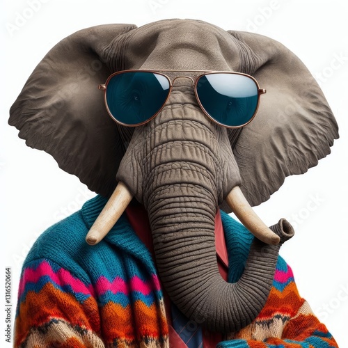 Elephant with Retro Sunglasses and Colorful Sweater Portrait Photography