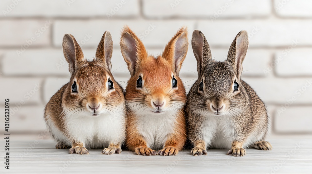 Three Rabbits in Front of Brick Wall