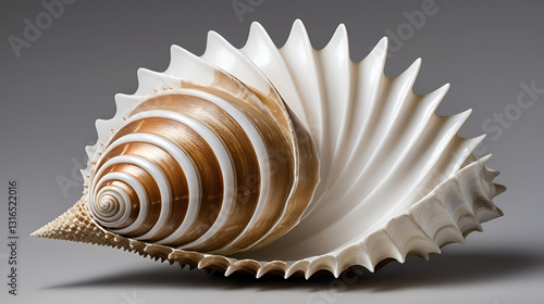 Elegant brown and white murex shell showcasing intricate spikes and curves from the ocean's depths on a neutral background