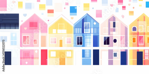 Colorful Row of Houses Illustrated in Abstract Style with Geometric Shapes and Pastel Colors as Background