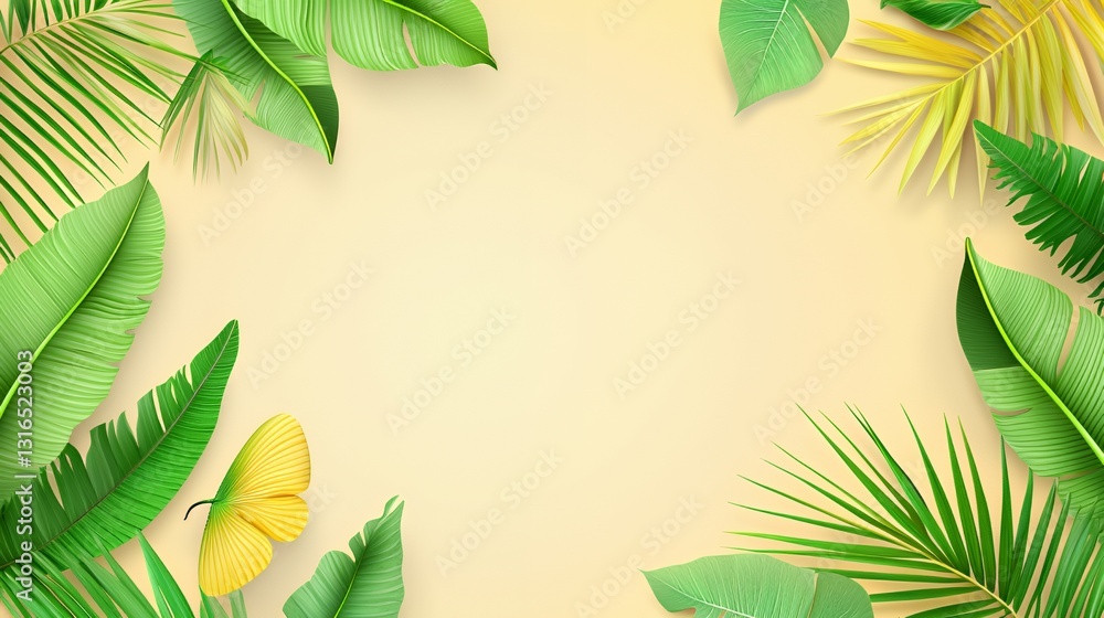 Naklejka premium Tropical Leaves Frame on Beige Background