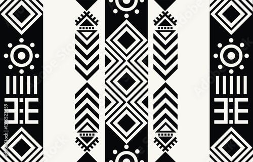 Ethnic tribal African black and white background. Seamless tribal pattern, folk embroidery, tradition geometric African ornament. Traditional design for fabric, textile, print, rug, paper